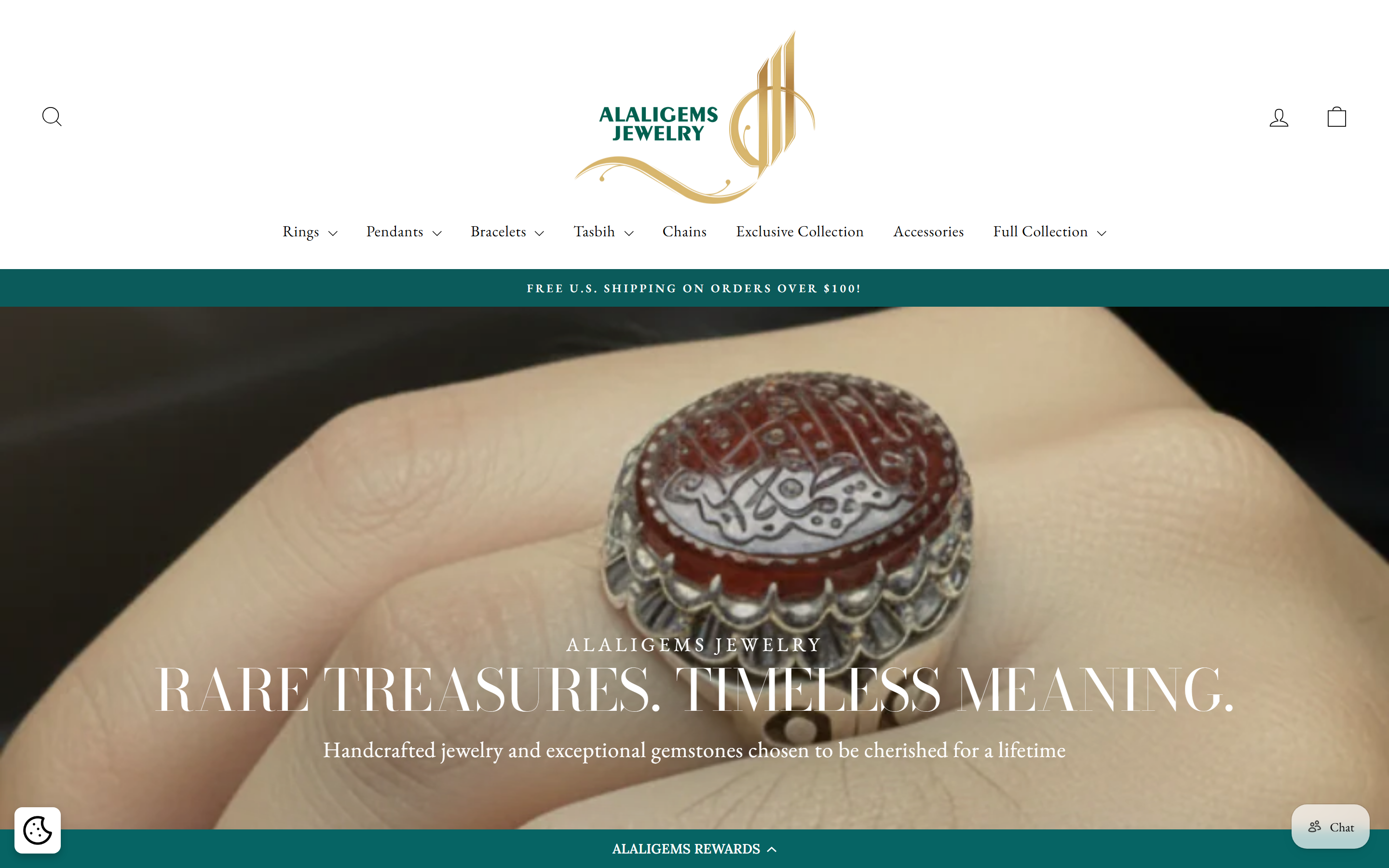 AlAliGems Jewelry — the storefront: hand-carved aqeeq ring, photographed on Ali’s own hand